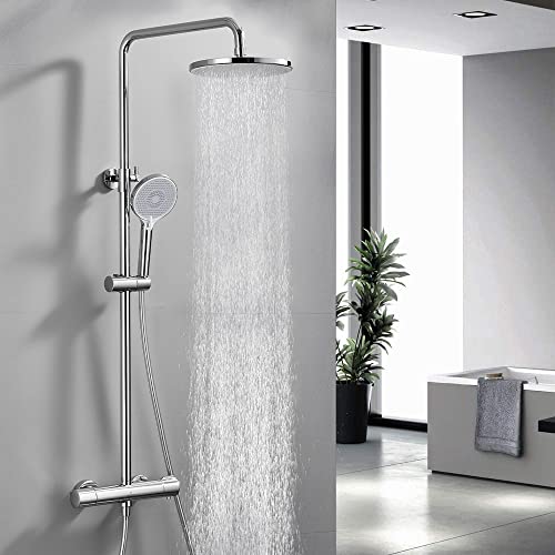 Homelody Sistema de ducha con termostato, juego de ducha cromado con efecto de lluvia, incluye barra de ducha de mano ajustable