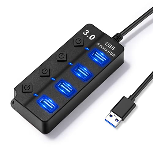 Hoppac Hub USB 3.0, 4 Puertos Divisor con interruptores Independientes, Adaptador para PC con luz LEd, Toma múltiple para la Transferencia rápida de Datos