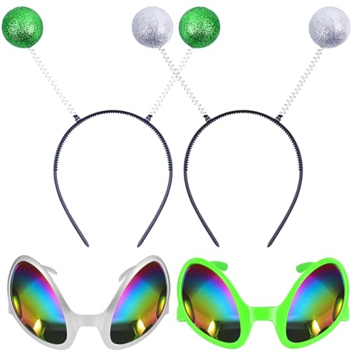 Goenb 2 pares de gafas alienígenas con diadema de alienígena, accesorios de alienígena, antena de alienígena, disfraz de alienígena, disfraz de alienígena para mujeres, cabeza de Halloween para niños