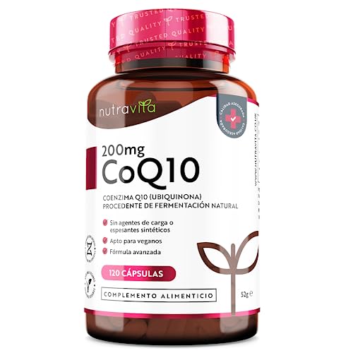 Coenzima Q10 200mg - 100% Pura Fermentada Naturalmente - 120 Cápsulas Veganas - Antioxidante, Energízante y Fortalece Sistema Inmune - Nutravita
