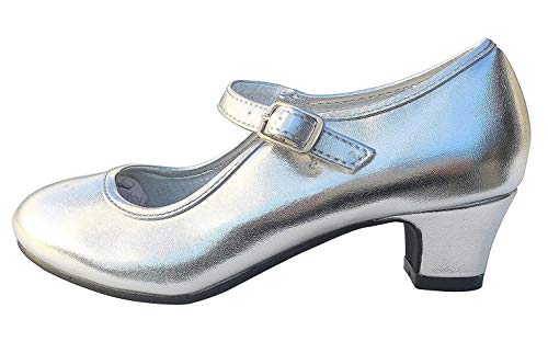 LA SEÑORITA Zapatos de Flamenco para Niña y Mujer [Talla 24 a 42]. Zapatos de Tacón para Sevillanas y Clases de Baile. Suela de Goma & Gran Sujeción. Zapatos de Gitana Plata