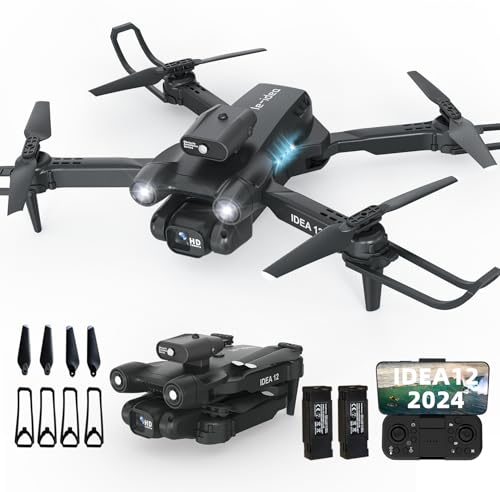 le-idea IDEA12 Drone con 2 Camaras, Drones con Camara Activa de Evitacion de Obstáculos Drone Electrico Ajustable, RC Drones WiFi FPV Quadcopter de Transmision para Principiantes con 2 Baterias