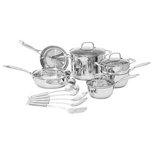 Juego de ollas, sartenes y utensilios de acero inoxidable, 15 piezas, de Amazon Basics