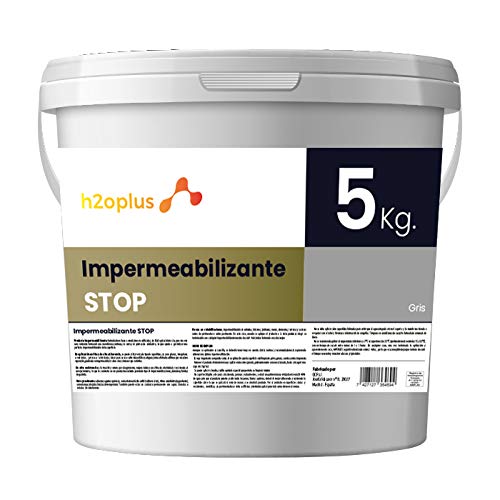 H2OPLUS · Pintura Plástica Impermeabilizante STOP · Pintura Impermeabilizante Terrazas y Azoteas · Producto NATURAL en base Agua · Bloque todo tipo de Filtraciones · 5 Kg GRIS