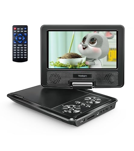 YOTON Reproductor de DVD portátil de 9,5 pulgadas para niños con pantalla giratoria HD de 7,5 pulgadas, altavoz estéreo, soporta 6 horas de batería incorporada, sincronización TV/USB/tarjeta SD