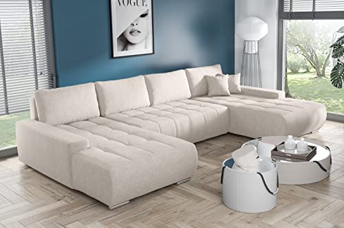 BELUTI - Sofá esquinero panorámico en forma de U Convertible, tela de diseño, cama + caja de almacenamiento, color beige