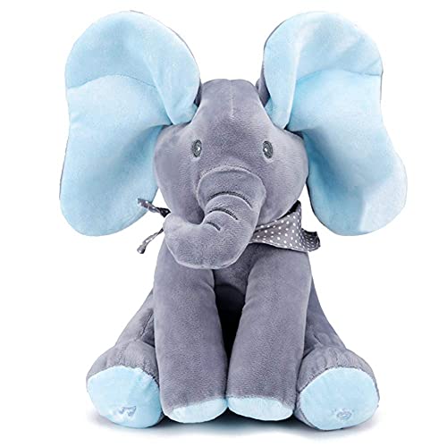 HHJ Peluche de Elefante con Movimiento y Sonido, Juguete Interactivo Peek-a-Boo Elefante, Juego de Ocultar y Buscar Muñeca de Peluche Animada de Felpa Muñecas para Bebé/Niños-Azul