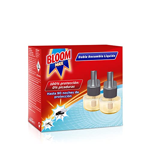 Bloom Max Eléctrico Líquido Recambio Doble (pack de 2 recambios), insecticida eléctrico para mosquitos común y tigre, antimosquitos eléctrico 90 noches de protección