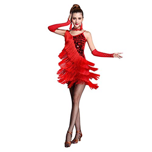 Xinvivion Latín Vestido de Baile para Mujer - Vals Salón de Baile Bailando Traje de práctica Lentejuela Borla Ropa de Baile