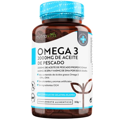 Superfuerza Omega 3 2000mg - 240 Capsulas Blandas de Gel. Máxima Concentración de DHA 440mg y EPA 660mg. Concentrado Aceite de Pescado para Colesterol - 4 Meses - Nutravita