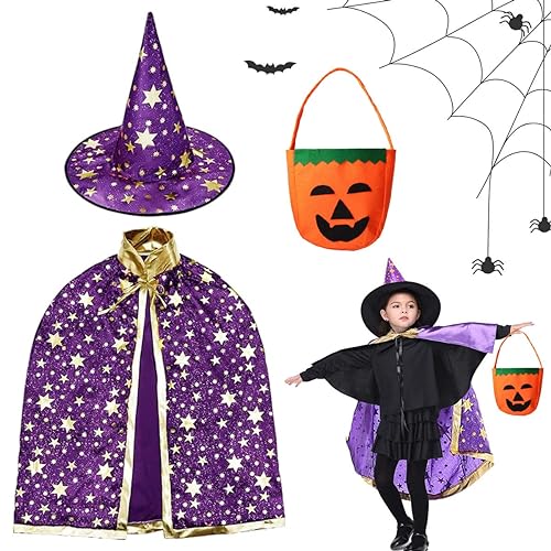 LGZIN Disfraces de Halloween,Capa de Bruja, Capa De Mago con Sombrero y Bolsa De Caramelos, Disfraz de Halloween para Niños, Capa de Mago de Halloween, Disfraz de Cosplay Fiesta Niños (Violett)