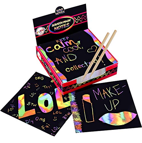 Playkidiz Kit de Arte de Scratch de Magic - 2 herramientas de lápiz para niños y adultos - Crear coloridas tarjetas de arco iris, notas, imágenes y otros arte sin tinta - 100 hojas de papel negro