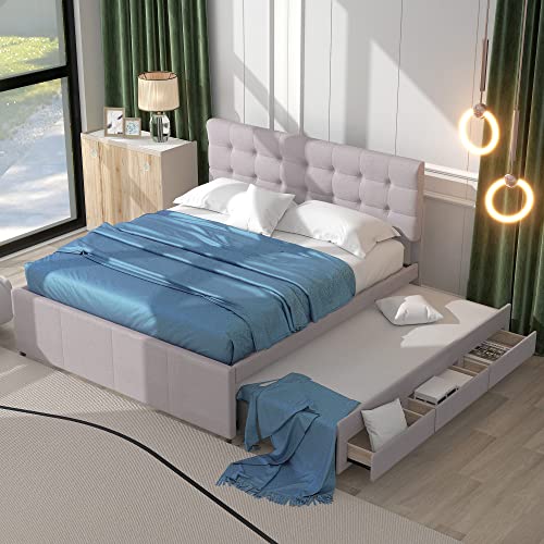 KecDuey Cama matrimonial acolchada de 140 x 200 cm, cama familiar doble de lino, con tres cajones, cama extensible, cabecero ajustable (beige)