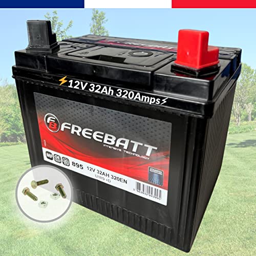 FB FREEBATT Batería Tractor cortacésped + derecha, 12 V, 32 Ah, 320 Amps/sin mantenimiento/garantía de arranque fácil/[Incluye tuercas de sujeción] alta tecnología de calidad profesional