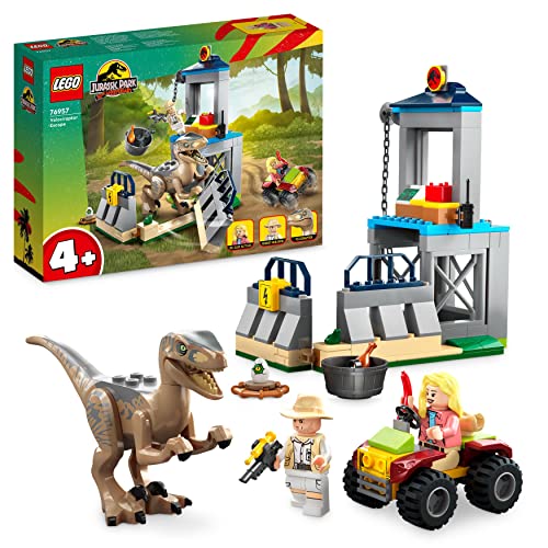LEGO Jurassic Park Escapada del Velociraptor, Juguete de Construcción para Niños y Niñas a Partir de 4 años, Set con Figura de Dinosaurio, Coche Todoterreno y 2 Minifiguras 76957