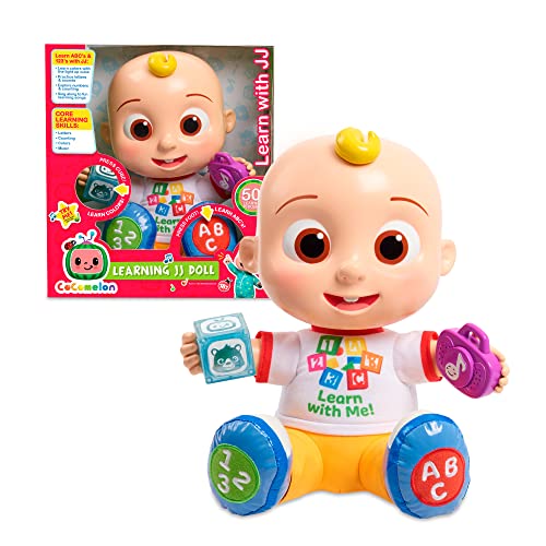 CoComelon - Learning JJ Doll, muñeco blandito del bebé prota de la serie, con luces, sonidos y música para aprender letras, colores y números, para niños pequeños en edad preescolar, Famosa (CCM11102)