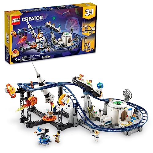 LEGO Creator - Juego de juguetes de construcción de montaña rusa espacial 3 en 1 con una montaña rusa, torre de caída, carrusel y 5 minifiguras, parque de atracciones reconstruible para niños a partir