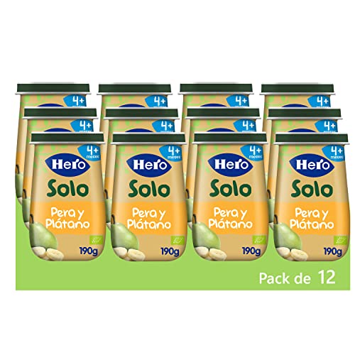 Hero Solo Tarritos Ecológicos de Pera y Plátano - Para Bebés a Partir de los 4 Meses - Pack de 12 x 190 g