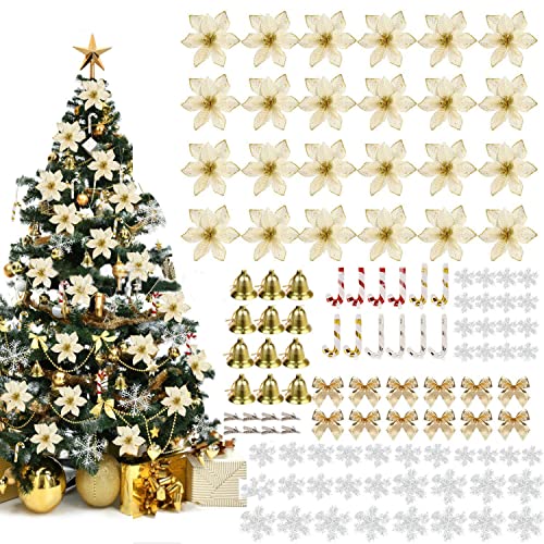 Conjunto de Adorno de árbol de Navidad,Adorno de Árbol de Navidad, Adorno Corona de Navidad,Decoraciones Navideñas Brillantes,Flor de decoración de árbol de Navidad (Oro)