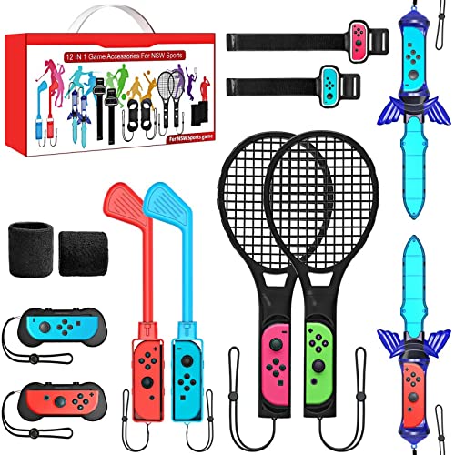 [12 in 1] Accessory Kit for Switch Sports, Compatible with Nintendo Switch / Switch OLED, Sports Game Accessories with Golf Club, Tennis Racket, Football Leg Straps, Wristbands, Sword