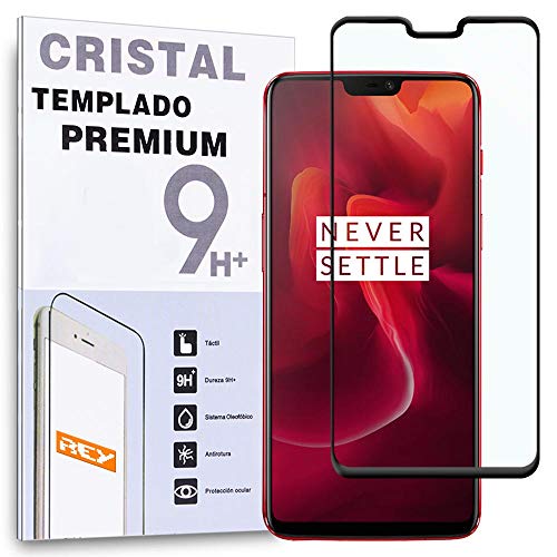 REY - Protector de Pantalla CURVO para ONEPLUS 6 - ONE PLUS 6, Negro, Cristal Vidrio Templado Premium, 3D / 4D / 5D