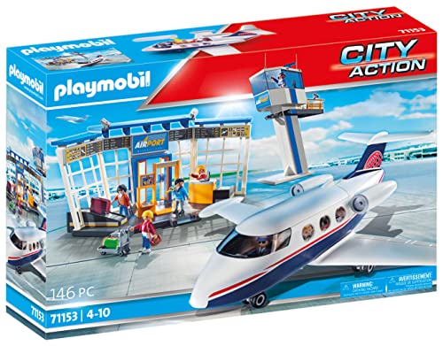 PLAYMOBIL City Action 71153 Aeropuerto con avión, Incluye avión de juguete con techo desmontable, Juguetes para niños a partir de 4 años