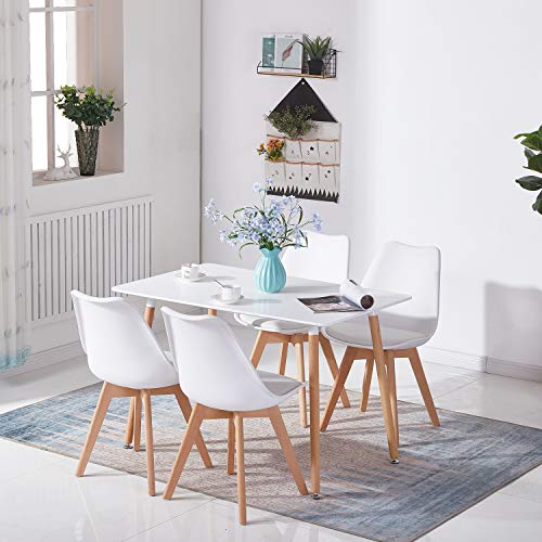 H.J WeDoo Conjunto de mesa de comedor y sillas – mesa de comedor rectangular moderna de 110 cm de MDF con 4 sillas adecuado para comedor, cocina, sala de estar, blanco