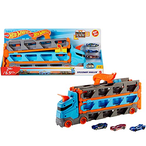 Hot Wheels Camión de transporte convertible en pista para coches de juguete, almacena 20 vehículos, incluye 3 die-casts (Mattel GVG37)