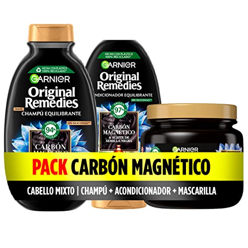 Garnier Original Remedies Pack Champú + Acondicionador + Mascarilla para Raíces Grasas y Puntas Secas, con Carbón Magnético, Limpia, Desenreda y Nutre, Para Cabello Mixto