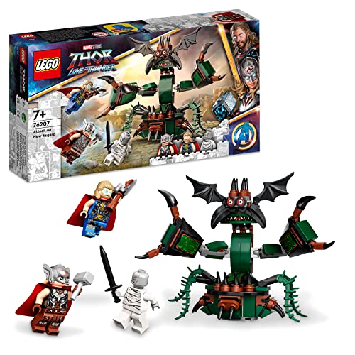 LEGO 76207 Marvel Ataque sobre Nuevo Asgard, Monstruo de Juguete, Set de Construcción, Martillo Thor, Stormbreaker, Regalo para Niños de 7 Años