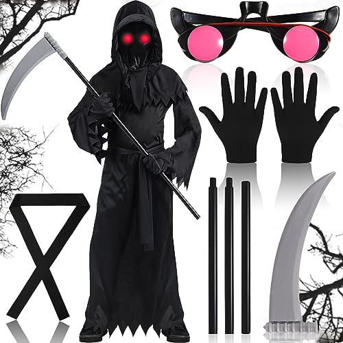 Frasheng Disfraz de Fantasma para Halloween, Carnaval y fiesta temática - Disfraz de muerte tenebrosa con guadaña para Niño, Adulto, Mujeres y Hombres