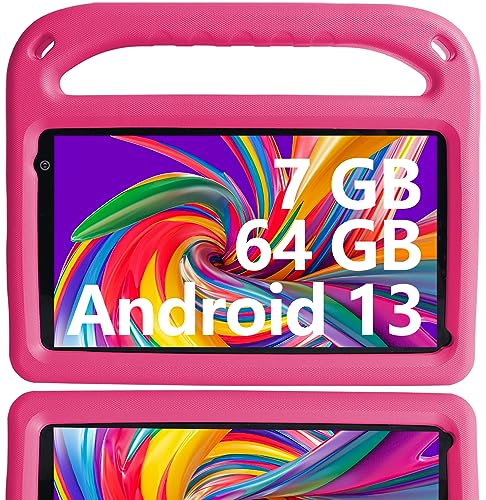 2024 Newest Tablet Niños Android 13 7GB RAM+64 GB ROM, Tablet para Niños 7 Pulgadas, WiFi, Bluetooth, GPS, Educación + Juegos, Google Play Store, Cámara Dual, Control Parental, con EVA Funda - Rosa