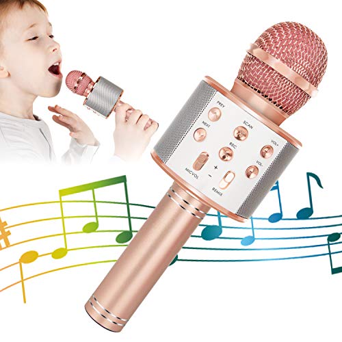 KIDWILL Micrófono de Karaoke Inalámbrico con Bluetooth para Niños y Adultos 5 en 1 Micrófono de Karaoke de Mano con Luces LED, Micrófono Portátil para Fiesta de Cumpleaños KTV Navidad (Oro Rosa)
