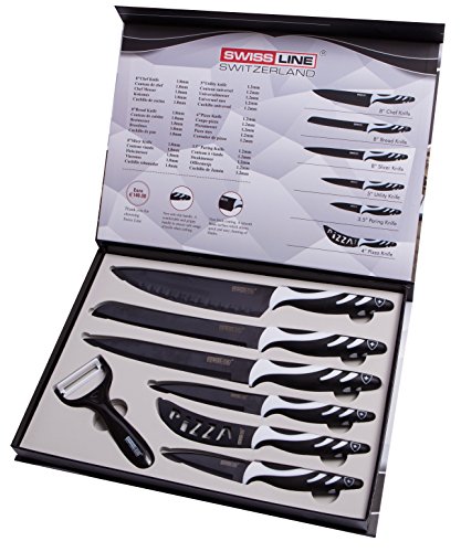 Swiss Line - Juego de 6 cuchillos con pelador, incluye cuchillo de pan, cuchillo universal, cuchillo pelador, cuchillo de chef y cuchillo de pizza (negro)