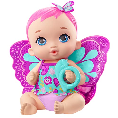 My Garden Baby Mariposas hago pipí Magenta Muñeco de juguete con manta mariposa, biberón y pañal, regalo para niñas y niños +18 meses (Mattel GYP10)