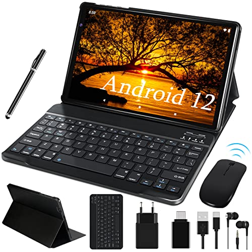 FACETEL Tablet 10 Pulgadas Tablet Android 12 con 5G WiFi, 4GB + 64GB (TF 128 GB) Octa-Core | 8000mAh | Cámara 5MP+8MP | Bluetooth | FHD | Type-C | Tablets con Teclado y Raton, Funda, Lápiz- Negro