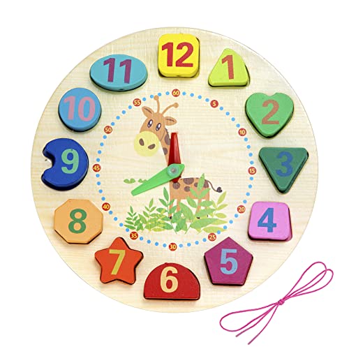 Educativo de Madera Reloj,Reloj Educativo Juguete con Números y Cuerda Formas Educativo Juego para Niños