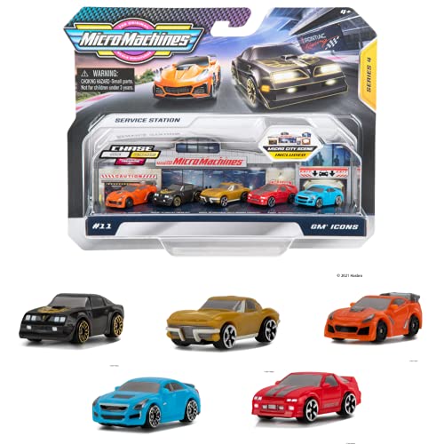 Micro Machines Starter Pack GM Icons – Incluye 5 vehículos, coches de carreras icónicos – Posibilidad de algo raro – Colección de coches de juguete Micromachines