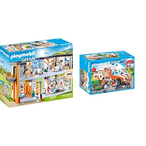 Playmobil City Life: Gran Hospital Set Juguetes, Multicolor, Talla Única (70190) + City Life 70049 Ambulancia con Luces, A Partir De 4 Años