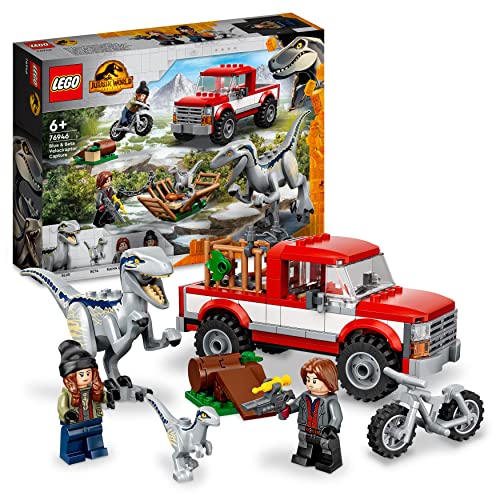LEGO 76946 Jurassic World Captura de los Velocirraptores Blue y Beta, Juego de Construcción, Camión de Juguete, Moto, Dinosaurios para Niños de 6 Años