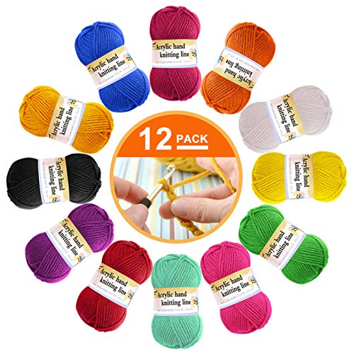 Paquete de 12 hilos de lana acrílica, lana de ganchillo multicolor, paquetes de hilo de lana de ganchillo, paquetes de hilo de lana de color en 12 colores brillantes (cada 13 g)