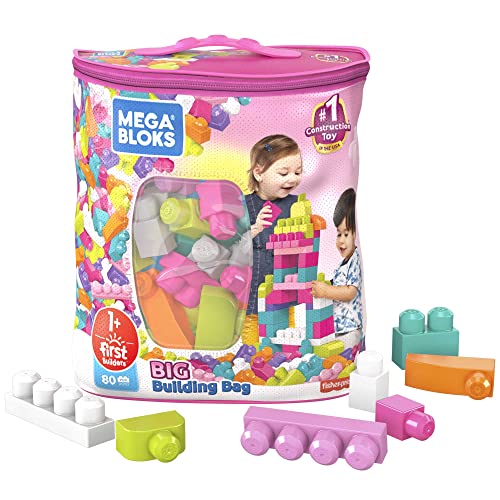 MEGA Bloks Juego de Construcciones 80 Piezas con Bolsa Ecológica Rosa, Juguete Bebé +1 Año (Mattel DCH62)