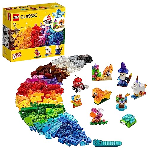 LEGO Classic Ladrillos Creativos Transparentes, Juego de Construcción para Hacer Figuras de Animales de Juguete o Vehículos, Regalo para Niños y Niñas de 4 Años o Más 11013