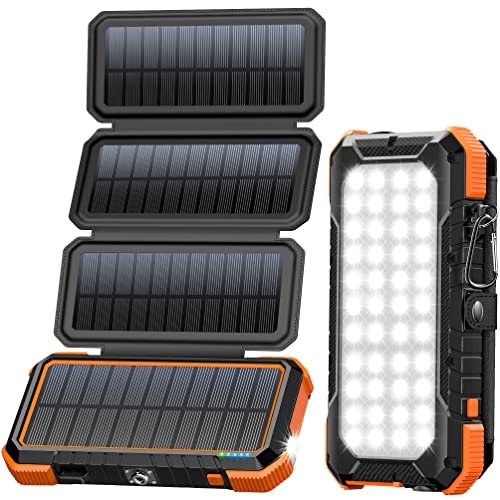 PD 18 W Solar Power Bank 20.000 mAh Cargador Solar Rápido QC 3.0 con 4 Paneles Que Carga Batería Externa, Luz de Camping, Brújula Tipo C, Cargador Portátil Tres Salidas