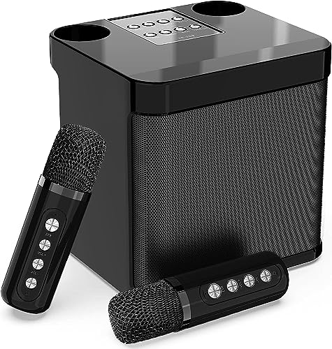 Karaoke con Microfono Inalambrico, Máquina de Karaoke Completo Altavoz Bluetooth con 2 Micrófonos Caraoke Portátil para Infanti Adultos Fiestas en Casa Soporte Tarjeta TF, AUX, Disco U (Negro)