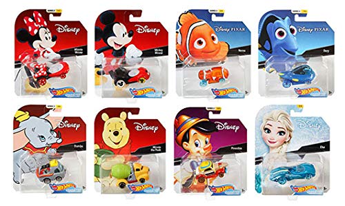 Hot Wheels 2019 Disney / Pixar personaje Cars Case D, Set de 8 coleccionables de juguete fundido de Cars Minnie Mouse, Mickey Mouse, Nemo, Dory, Dumbo, Winnie The Pooh, Pinocchio, Elsa