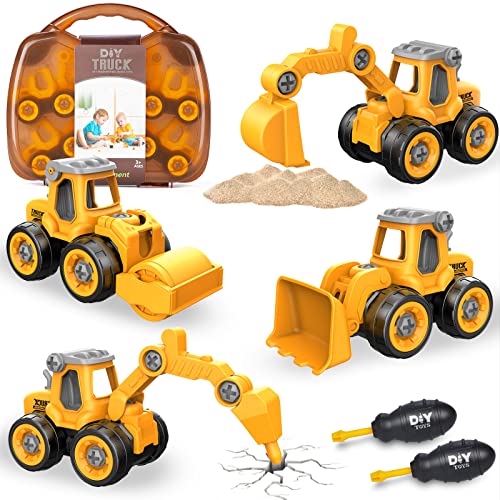 Eucomir 4 en 1 Vehículos de construcción Excavadora Juguetes Set para Niños de 3 Años, Xcavadora de Ensamblaje DIY con Destornillador, Desmontar Camión de Ingeniería para Niños