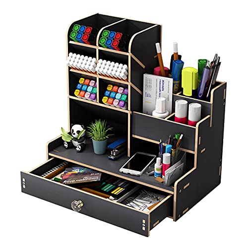 Organizador de escritorio de madera para escritorio DIY organizador de escritorio, gran capacidad, caja de almacenamiento de papelería con cajón para el hogar, la oficina y la escuela (B17 negro)