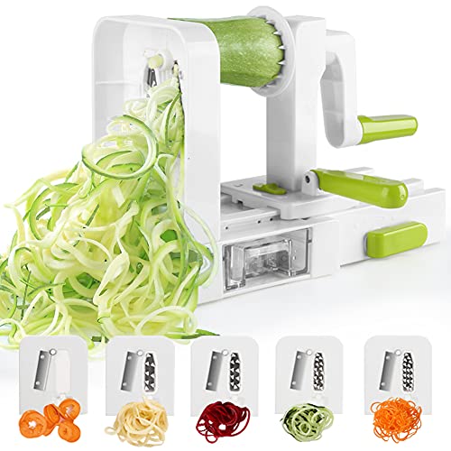 Spiralizer - Espiralizador de verduras plegable con 5 hojas para hacer fideos y pasta vegetariana y espaguetis para comidas bajas en carbohidratos, paleo, sin gluten