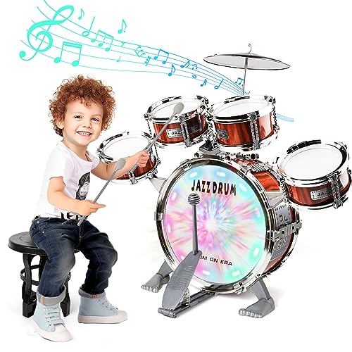 Shayson Kit de Batería Musical Niños con Luces, Batería Infantil Jazz 5 Tambores Percusión con Taburete, Juguetes para Niños Musical Educativos Regalo de Navidad para Niños y Niñas de 3 4 5 6 7 Años